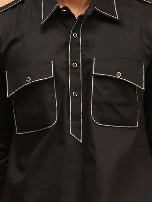 Men's Black Cotton Blend Pathani Suit Set
